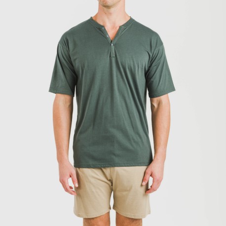 Pijama corto hombre con botones verde - arena