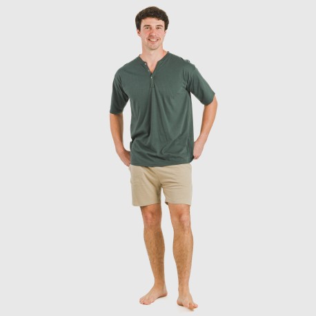 Pijama corto hombre con botones verde - arena