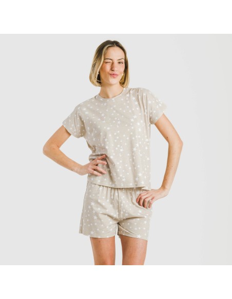 Pijama corto manga fluida algodón mujer Estrellita arena