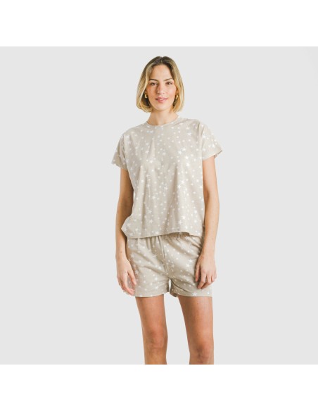 Pijama corto manga fluida algodón mujer Estrellita arena