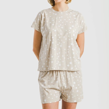 Pijama corto manga fluida algodón mujer Estrellita arena