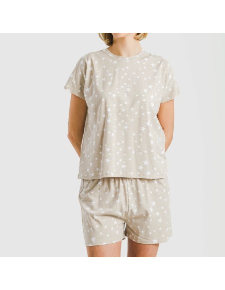 Pijama corto manga fluida algodón mujer Estrellita arena