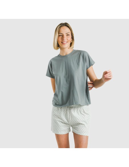 Pijama corto manga fluida algodón mujer Xenia verde azulado
