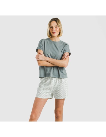 Pijama corto manga fluida algodón mujer Xenia verde azulado