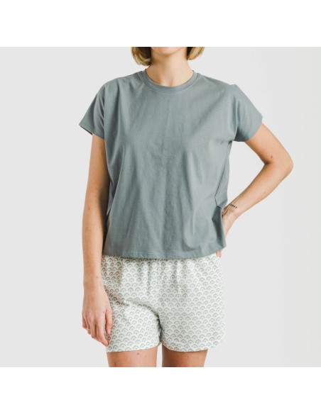 Pijama corto manga fluida algodón mujer Xenia verde azulado