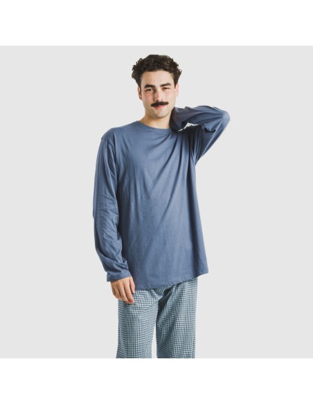 Pijama largo algodón hombre Cuadro Kike azul