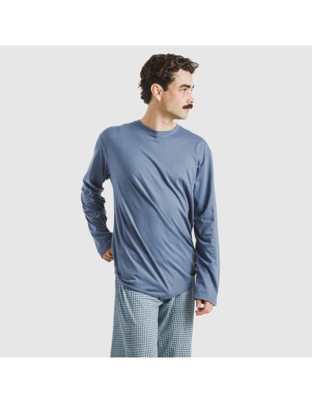 Pijama largo algodón hombre Cuadro Kike azul