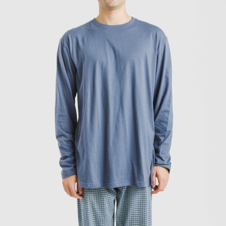 Pijama largo algodón hombre Cuadro Kike azul