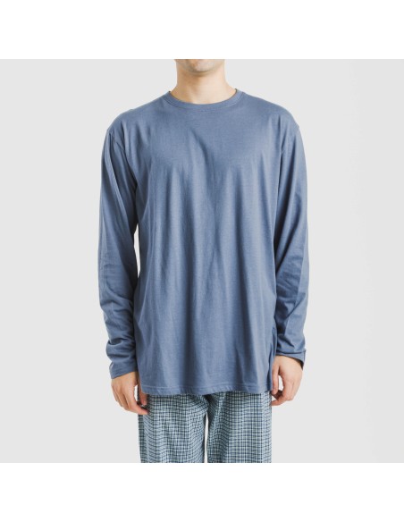 Pijama largo algodón hombre Cuadro Kike azul