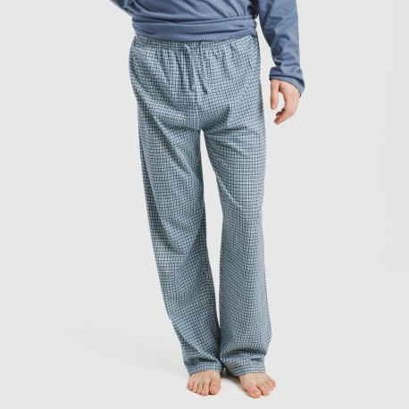 Pijama largo algodón hombre Cuadro Kike azul