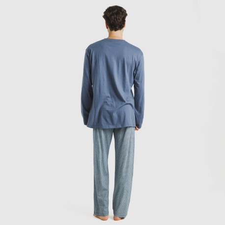 Pijama largo algodón hombre Cuadro Kike azul