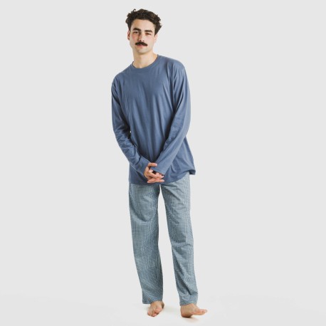 Pijama largo algodón hombre Cuadro Kike azul
