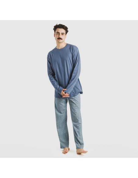 Pijama largo algodón hombre Cuadro Kike azul