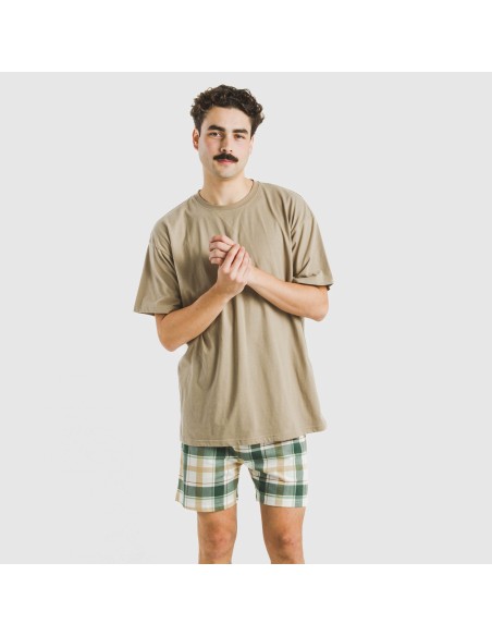 Pijama corto algodón hombre Cuadro Noric arena