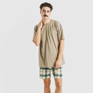 Pijama corto algodón hombre Cuadro Noric arena 2