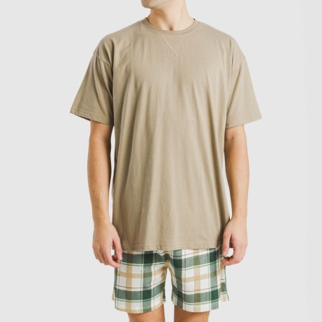 Pijama corto algodón hombre Cuadro Noric arena