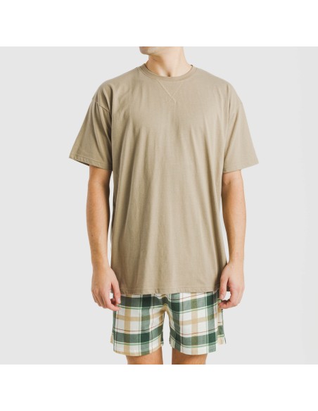 Pijama corto algodón hombre Cuadro Noric arena