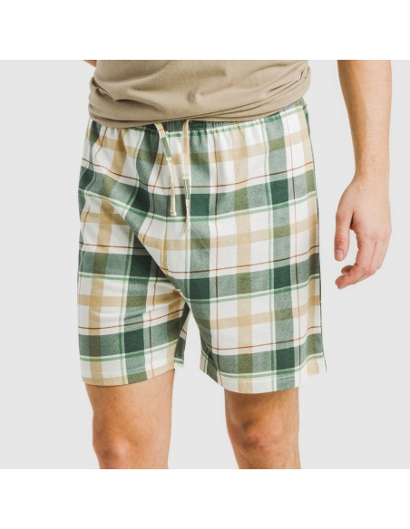 Pijama corto algodón hombre Cuadro Noric arena