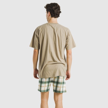 Pijama corto algodón hombre Cuadro Noric arena