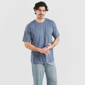 Pijama largo manga corta algodón hombre Cuadro Kike azul