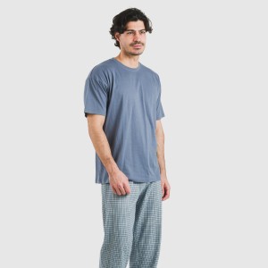 Pijama largo manga corta algodón hombre Cuadro Kike azul 2