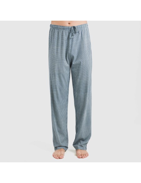 Pijama largo manga corta algodón hombre Cuadro Kike azul