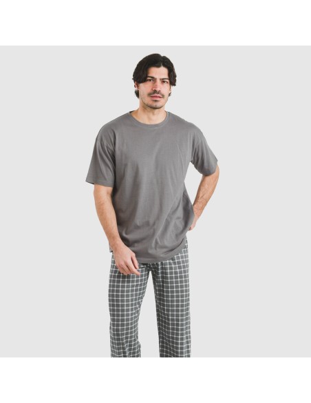Pijama largo manga corta algodón hombre Cuadro Roberto gris
