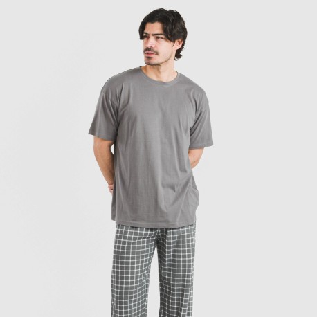 Pijama largo manga corta algodón hombre Cuadro Roberto gris