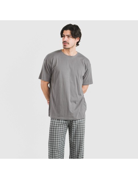 Pijama largo manga corta algodón hombre Cuadro Roberto gris