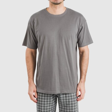 Pijama largo manga corta algodón hombre Cuadro Roberto gris