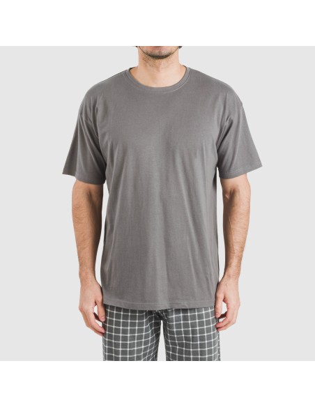 Pijama largo manga corta algodón hombre Cuadro Roberto gris