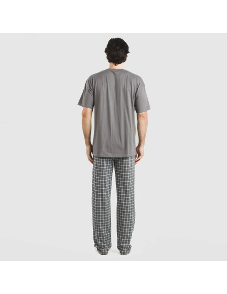 Pijama largo manga corta algodón hombre Cuadro Roberto gris