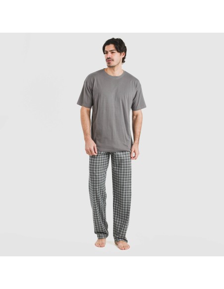 Pijama largo manga corta algodón hombre Cuadro Roberto gris