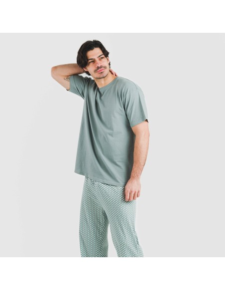 Pijama largo manga corta algodón hombre Sassy verde azulado