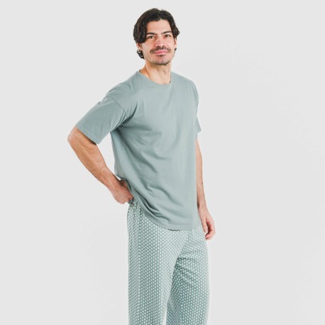 Pijama largo manga corta algodón hombre Sassy verde azulado