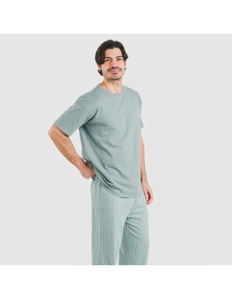 Pijama largo manga corta algodón hombre Sassy verde azulado
