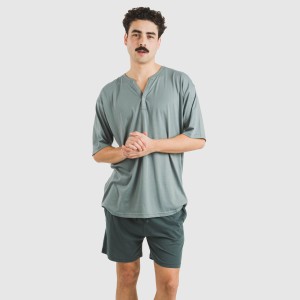 Pijama corto hombre con botones verde azul claro - oscuro