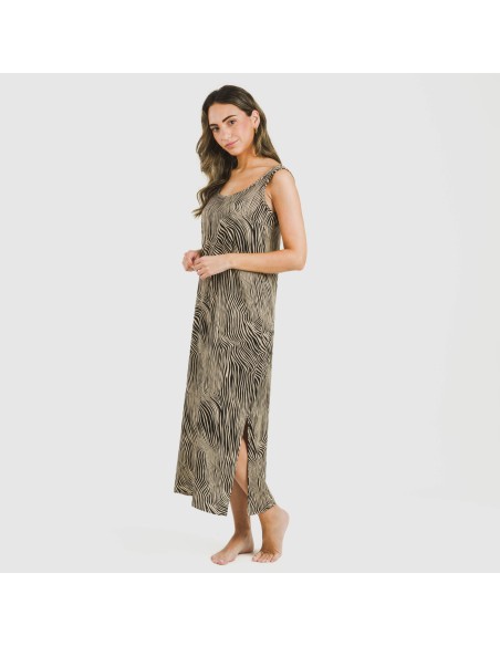 Vestido largo tirantes viscosa Drus beige - negro