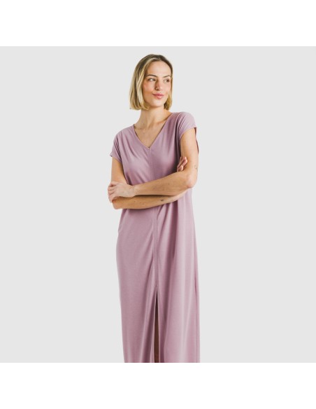 Vestido largo manga fluida viscosa liso