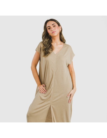 Vestido largo manga fluida viscosa liso