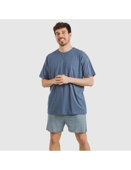 Pijama corto algodón hombre Cuadro Kike azul