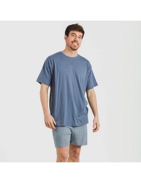 Pijama corto algodón hombre Cuadro Kike azul