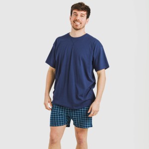 Pijama corto algodón hombre Cuadro Edesia azul