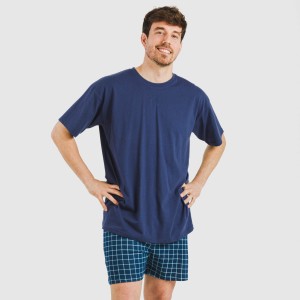 Pijama corto algodón hombre Cuadro Edesia azul 2