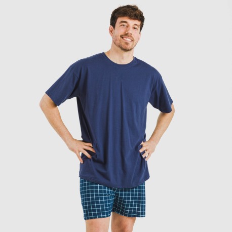 Pijama corto algodón hombre Cuadro Edesia azul