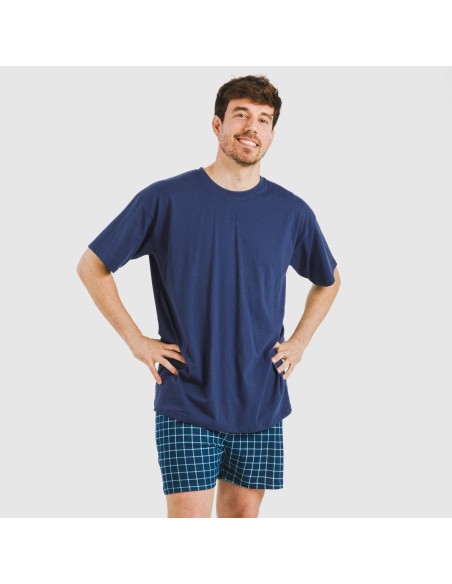 Pijama corto algodón hombre Cuadro Edesia azul