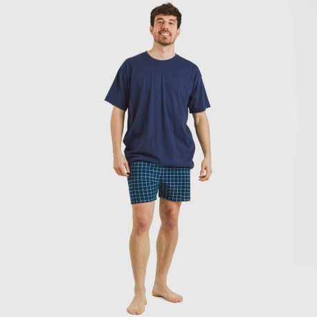 Pijama corto algodón hombre Cuadro Edesia azul