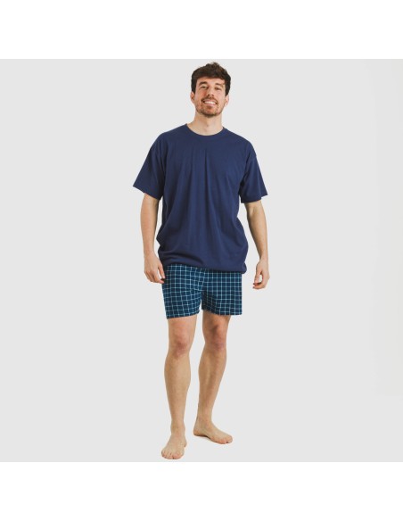Pijama corto algodón hombre Cuadro Edesia azul
