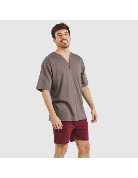 Pijama corto hombre con botones topo - burdeos
