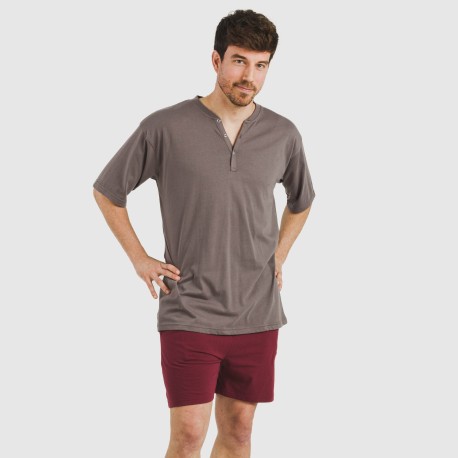 Pijama corto hombre con botones topo - burdeos